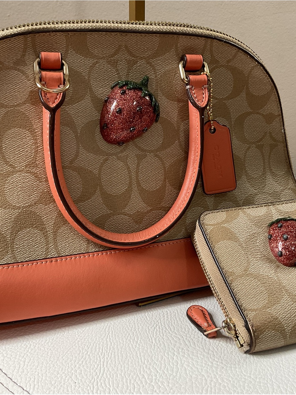 Coach Coral Trim Signature Satchel with Strawberry Appliqué
